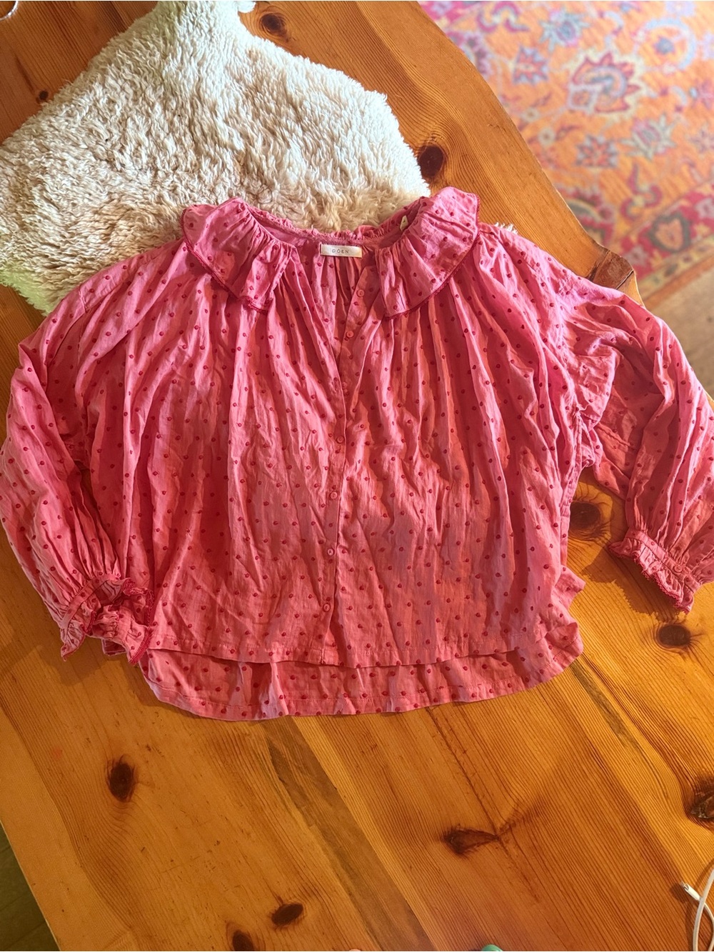 Doen Pink Ruffle Collar Polka Dot Embroidered Blouse